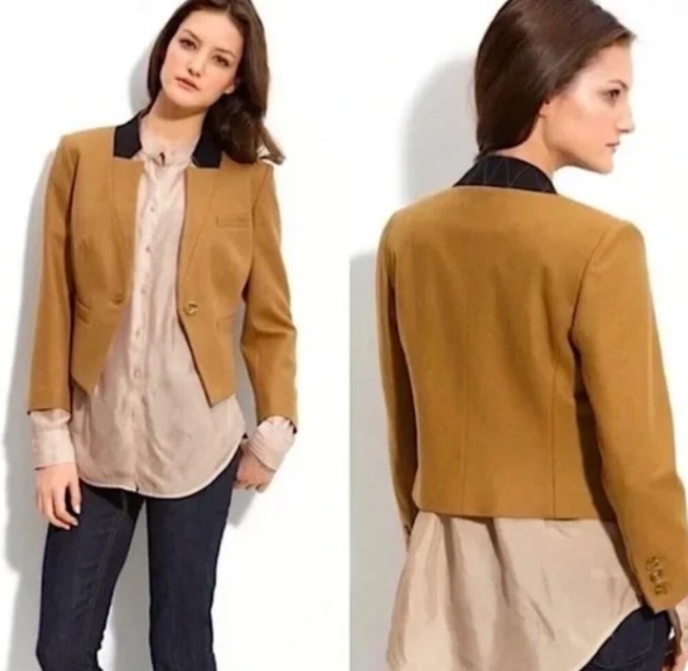 Trouve Crop Wool Blend Blazer Jacket Camel Lined One Button Pockets Women Medium